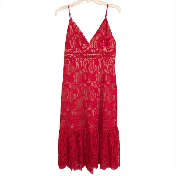 Lulu’s Red Spaghetti Strap Lace Cocktail Dress - Picture 1 of 10